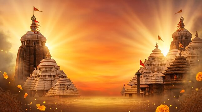 Ancient hindu temple architecture at sunset with radiant golden light