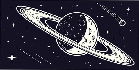 Hand-drawn black and white illustration of saturn-like planet with rings surrounded by stars and shooting comets in deep space astronomy universe illustration celestial astrology background © Rajiya