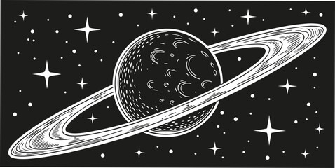 Stylized black and white vector graphic of a ringed planet floating in a starry galaxy background with celestial elements universe celestial astronomy illustration astronomical background © Rajiya