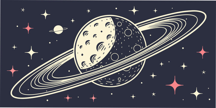Stylized cosmic illustration of saturn with rings in deep space with stars astronomy universe illustration astrology celestial background exploration artistic minimalist abstract heavenly