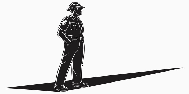 High contrast black and white vector illustration of a state trooper or park ranger in uniform standing with a long shadow campaign standing silhouette enforcement authority security occupation