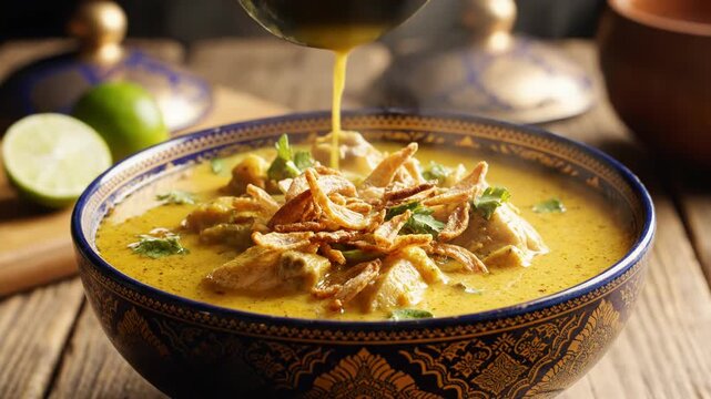 A metal ladle pours thick yellow curry sauce over cooked chicken pieces and crispy fried onions in a traditional blue patterned ceramic bowl, garnished with cilantro on a wooden table.