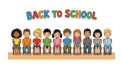 Fototapeta premium Back To School Children Illustration: A diverse group of cartoon children, each with unique hairstyles and clothing, sit in a line on chairs, ready to begin a new school year.