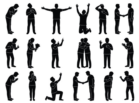 Set of human silhouettes demonstrating polite gestures and social interaction on transparent background.