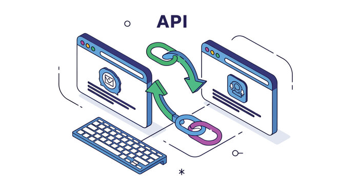 Illustration of API Integration Between Two Computers Demonstrating Data Exchange and Security.
