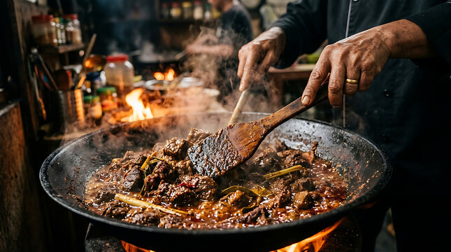 A chef stirs meat and vegetables in a large pan over a flame.