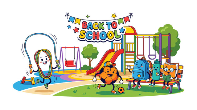 Back to School Fun: Cheerful animated school supplies frolic on a playground, celebrating the start of a new academic year with lively games and playful spirit.