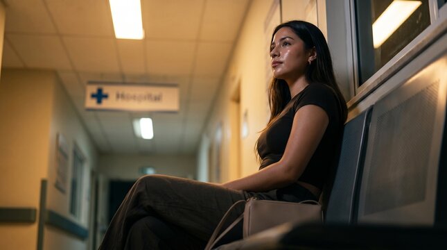 A pensive young woman sitting on a row of plastic chairs in a dimly lit hospital waiting room hallway.