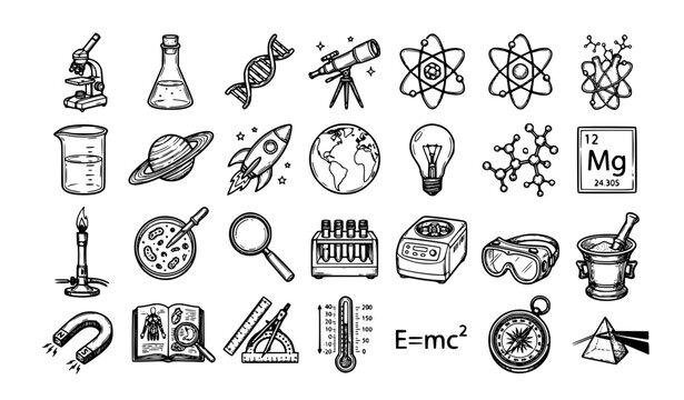 Hand drawn science doodle set with 25 laboratory and educational vector elements