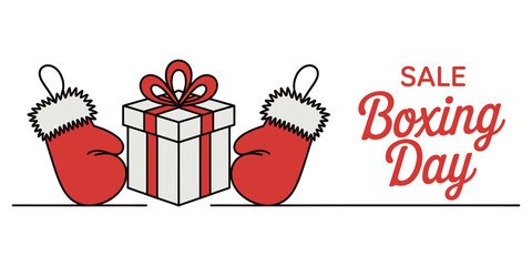 Boxing day sale banner with red mittens and a christmas gift box icon
