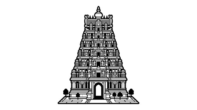 Intricate Indian Temple Tower Architecture Line Drawing.