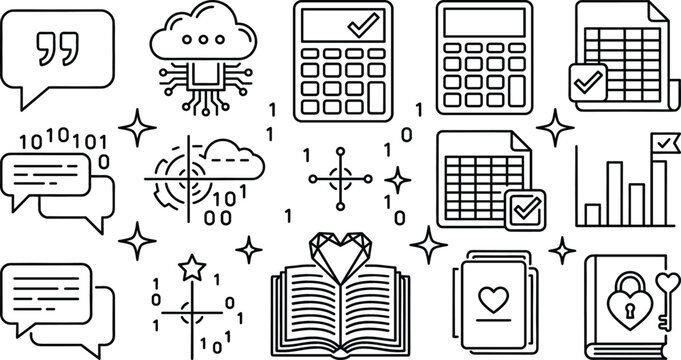 Data analysis and cloud computing line icon set featuring calculator spreadsheet chart book chat bubble binary code vector