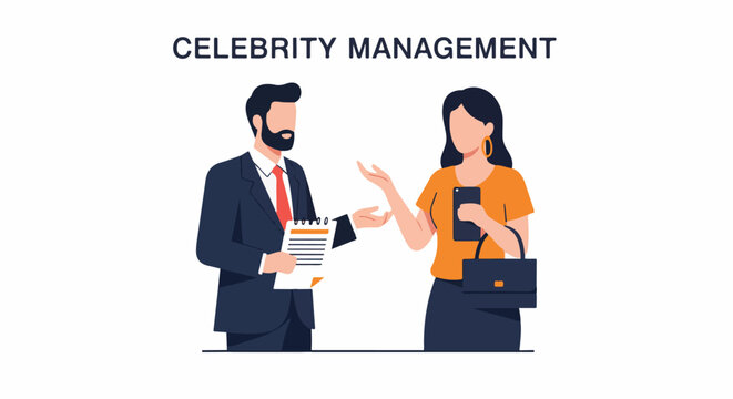 A man and woman in business attire discuss celebrity management