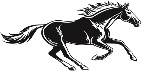 Dynamic silhouette graphic of a fast running horse stallion with flowing mane and tail isolated on stallion silhouette illustration equestrian strength energetic branding minimalist galloping © Tonni