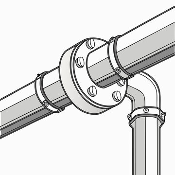 Industrial pipe with flanges and clamps connected at a right angle line art industrial connection plumbing infrastructure machinery engineering pipeline pipework assembly structure