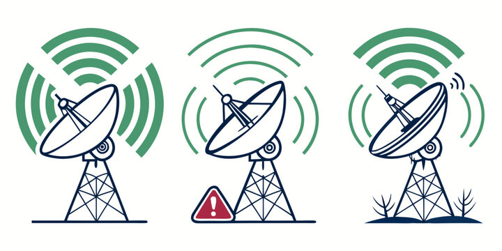 Three satellite dishes with signal waves one with warning symbol satellite dish radio telescope dish antenna network signal dish array radio astronomy connection waves communication receiver