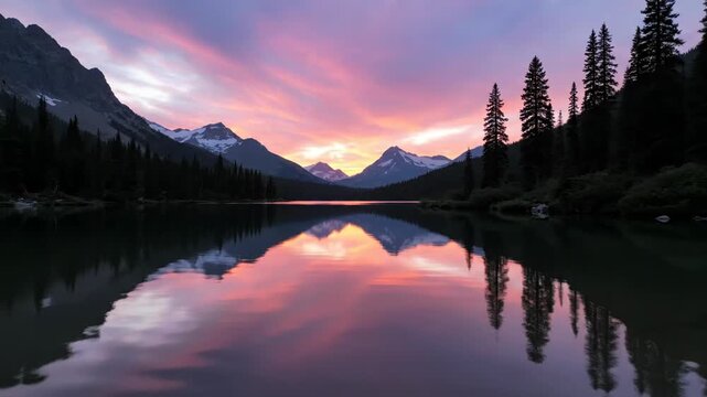 Vibrant sunset over alpine lake with snow-capped mountain peaks and evergreen forest reflection on calm water surface under pink orange sky in wilderness landscape.