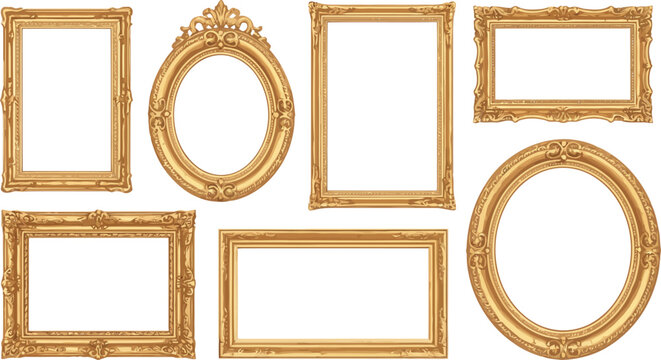 Collection of ornate vintage gold frames in various shapes and sizes on white 