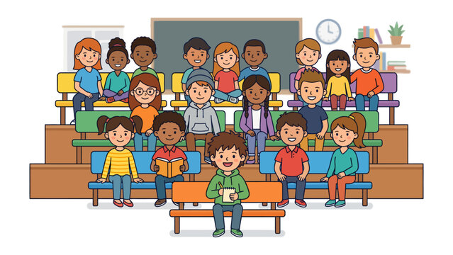 Classroom Audience: A diverse group of children sits attentively on bleacher seats in a classroom setting, with one boy in the foreground holding a book, suggesting a lesson or presentation.