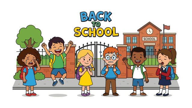 Back To School Excitement: A group of diverse children, some joyful and others a bit apprehensive, gather outside a school building, ready for the first day back.