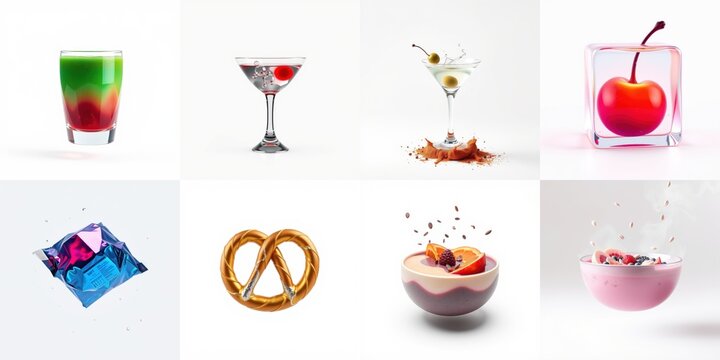 Various colorful food items presented against white backgrounds. Drinks, sweets, fruit, snacks shown. Bright, vibrant presentation.