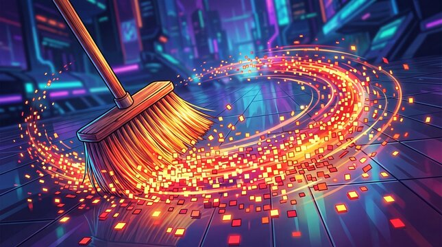 Digital broom sweeping glowing data pixels across a cyberpunk city street surface in a vibrant futuristic concept