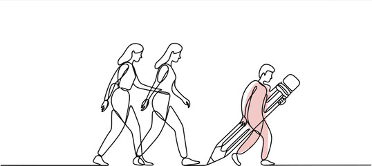 Obraz premium Continuous line of three people walking with one person carrying a large pencil with pink accent
