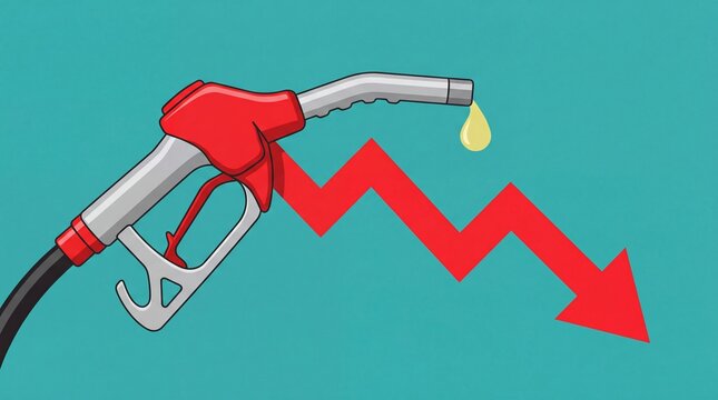 Red gasoline pump nozzle over a falling financial trend arrow graph illustrating a significant decrease in fuel prices and economic market decline on teal background
