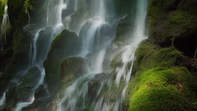 Scenic Toxa waterfall flowing over lush green mossy rocks in forest