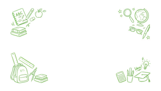 Educational Elements Corner Border: A collection of hand-drawn green illustrations featuring school supplies like books, a backpack, a graduation cap, and a magnifying glass.