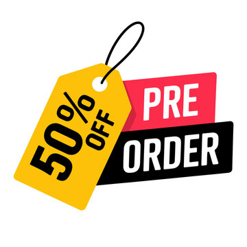 Pre order fifty percent off yellow price tag and sale label