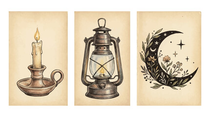 Vintage style illustrations featuring a candle lantern and a crescent moon with floral details on a textured background © Avra