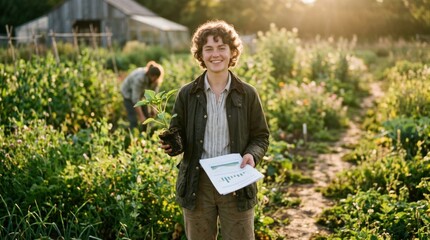 Obraz premium Young agripreneur in warm backlight stands confidently in a regenerative agriculture field holding a vibrant seedling and energy report embracing sustainable farming lifestyle