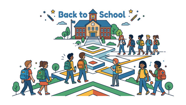 Back to School Adventures: A vibrant illustration depicting a diverse group of children with backpacks excitedly returning to a charming school building, embarking on a new academic journey.
