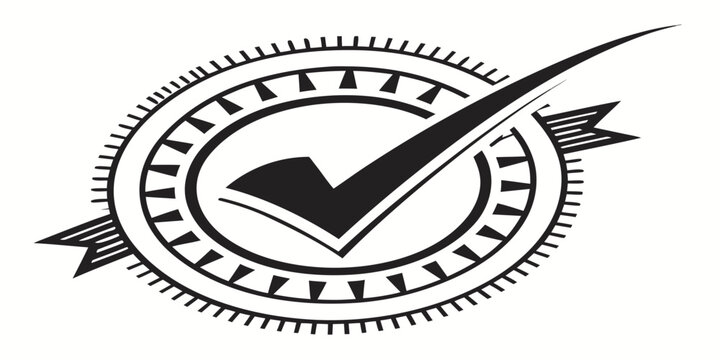 Checkmark inside circular seal icon with banner checkmark confirmation approved verified validation minimalist business corporate identity abstract agreement certificate guarantee