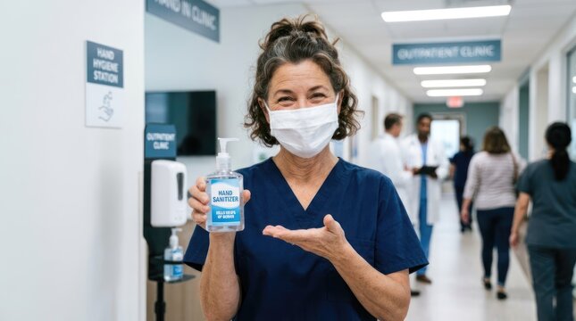A healthcare worker in scrubs and a mask holds a hand sanitizer bottle in a hospital corridor. The background shows other staff and patients walking, with signs indicating different clinic areas. 