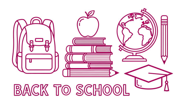 Back to School Collection: A compilation of essential school supplies including a backpack, stack of books, apple, globe, pencil, and graduation cap.