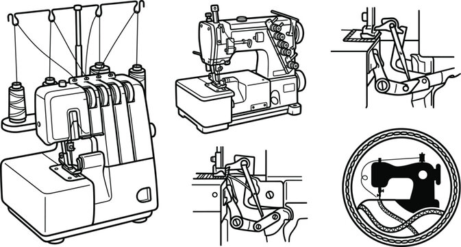Industrial Overlock Sewing Machine and Tailor Equipment Vector Icon Set with Machinery Components,