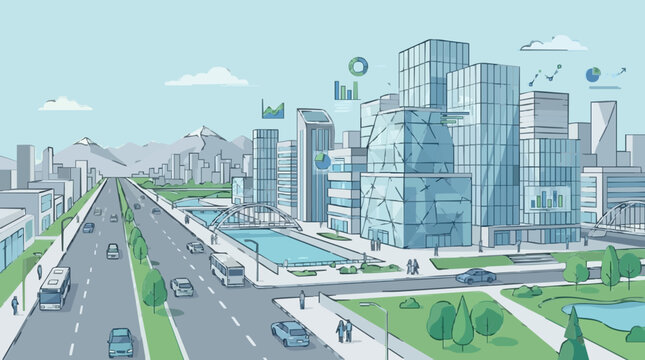 Modern Urban Boulevard with Skyscrapers and Cyclists in Futuristic Cityscape Illustration