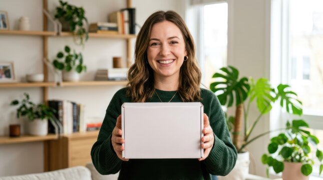 A woman holds a tablet in a cozy, well-lit room with plants and shelves in the background. She is smiling warmly, wearing a green sweater, and appears relaxed and cheerful.