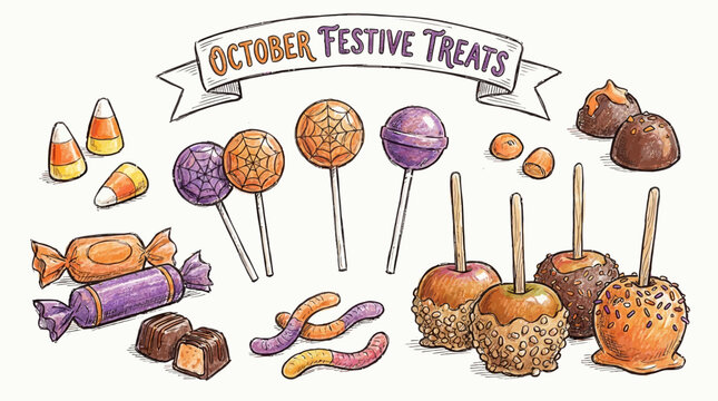 A festive October scene with various sweet treats on display including lollipops and candies.