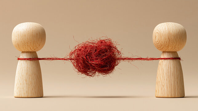 Tangled Connection: Two wooden figures stand facing each other, bound by a single, tangled red thread representing a complex or problematic relationship.