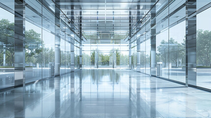 Obraz premium Ultra Modern Glass and Chrome Luxury Architectural Scene with Outdoor Tree View and Shiny Lobby