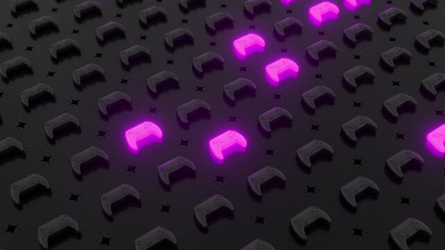 Black joysticks on a black textured surface. Purple glowing objects on the background. Depth of field. Gamepads on glossy table background. Gamer concept. 3d loop animation of 4K