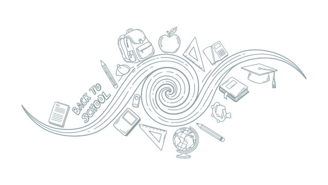 Back to School Swirl: A whimsical, hand-drawn illustration depicting a swirl of educational elements, including a backpack, apple, books, graduation cap, and globe, signifying the return to learning.