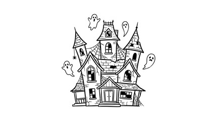 Spooky ghosts surround old haunted house at night with turrets © Avra
