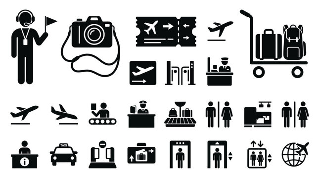 Black airport terminal and travel service silhouette icons