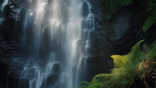Scenic Toxa Waterfall flowing down dark rocks in lush forest