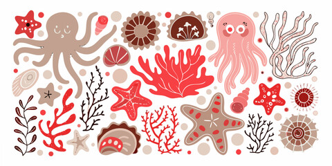 Marine Life Illustration Octopuses Starfish Coral And Shells In Red Tones © Dipu