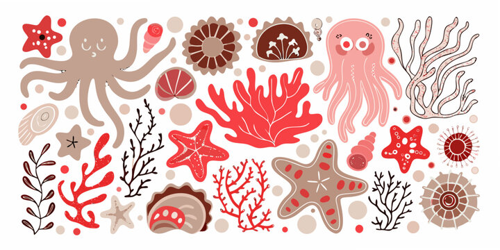 Marine Life Illustration Octopuses Starfish Coral And Shells In Red Tones
